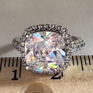 Huge Cushion Cut Diamond Ring with Halo Size 4.5 14K Gold /Sterling Siver